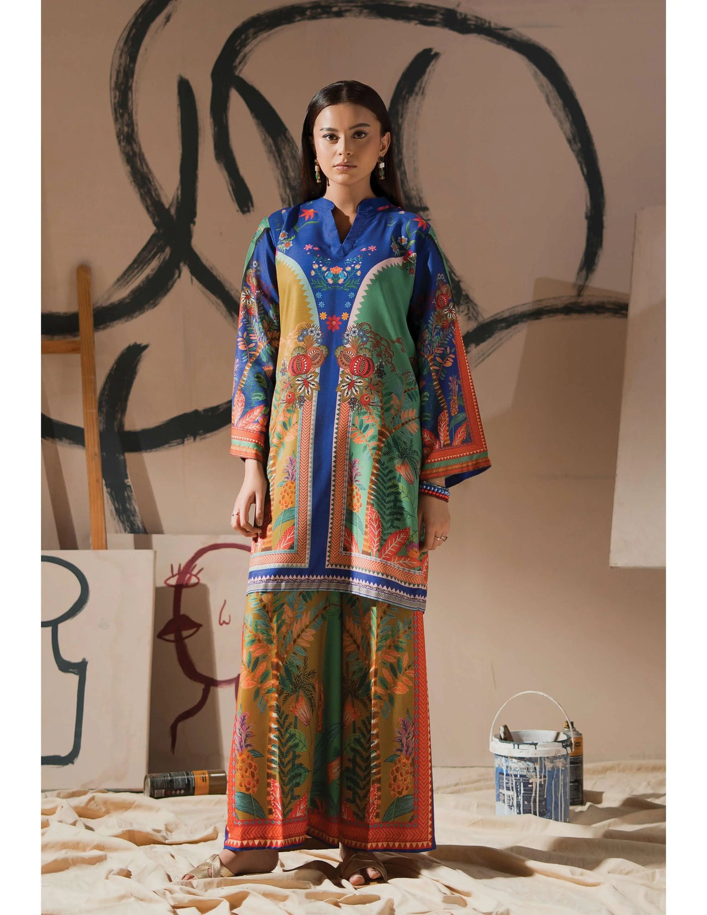 ALLYS 'Canvas Closet' |  Printed Raw Silk 2pc Co Ords Readymade Pakistani Womenswear  | AL497