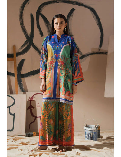 ALLYS 'Canvas Closet' |  Printed Raw Silk 2pc Co Ords Readymade Pakistani Womenswear  | AL497