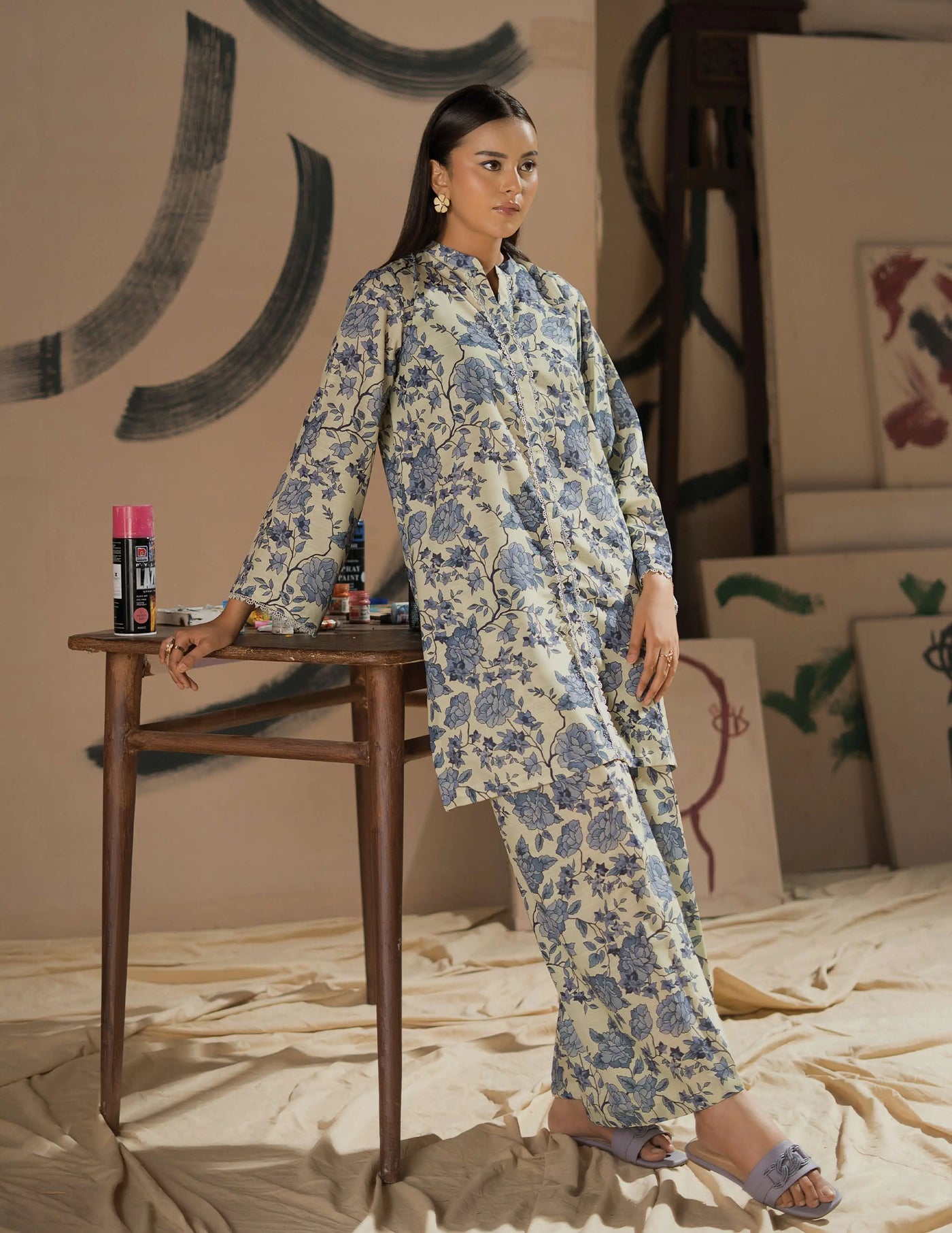 ALLYS 'Canvas Closet' |  Printed Raw Silk 2pc Co Ords Readymade Pakistani Womenswear  | AL500