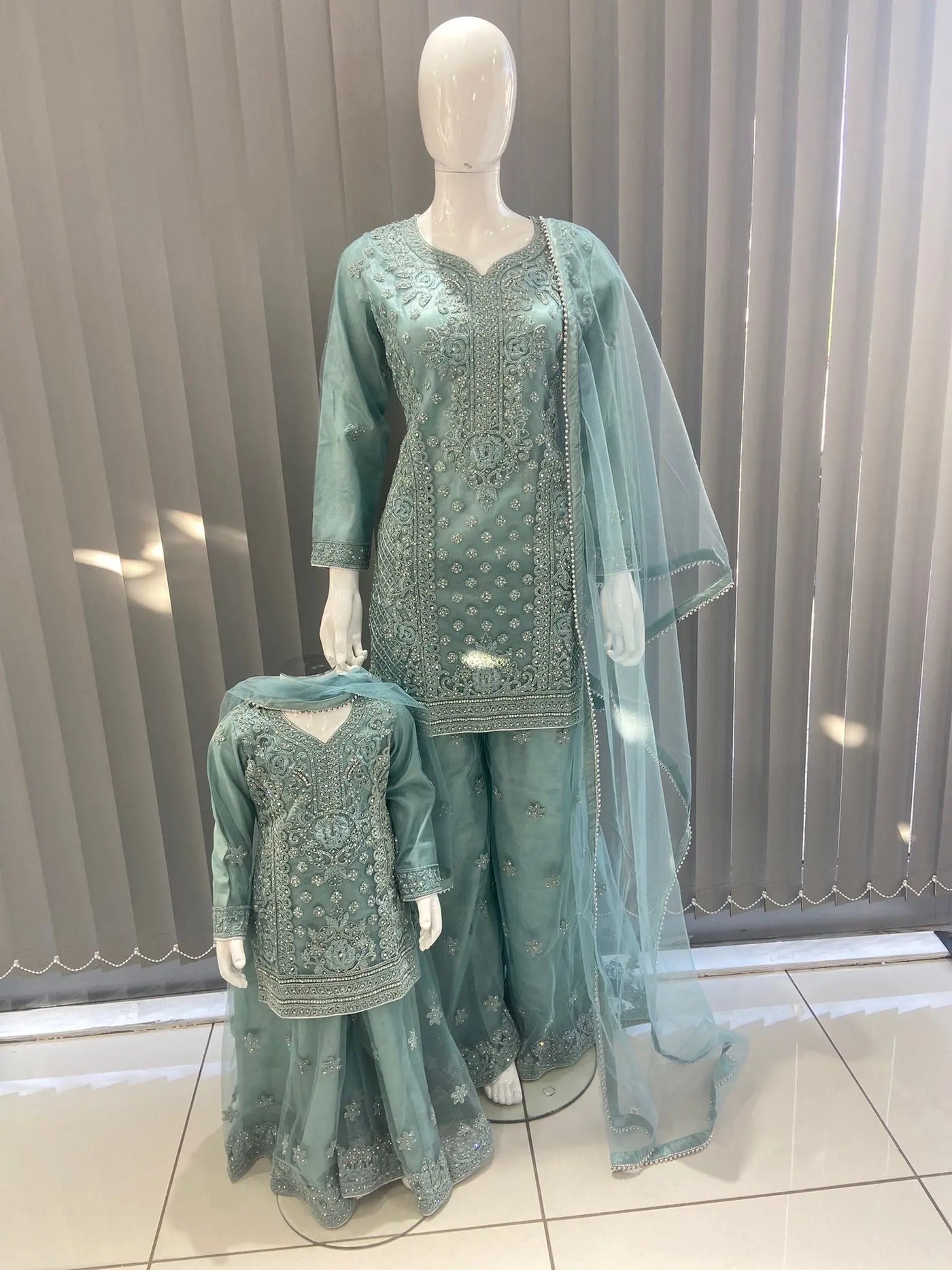 ASHA | Embroidered Hand Work Mother & Daughter Ready To Wear Green | AS83