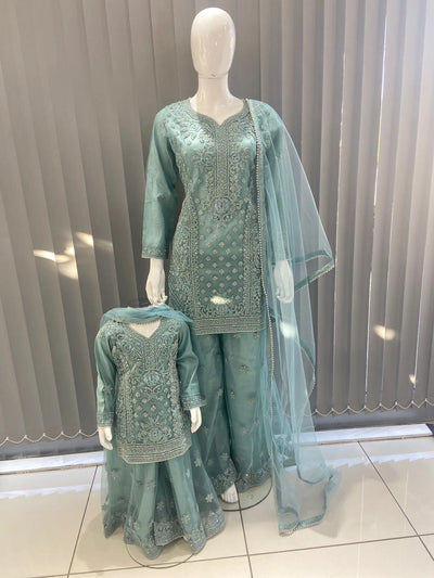 ASHA | Embroidered Hand Work Mother & Daughter Ready To Wear Green | AS83