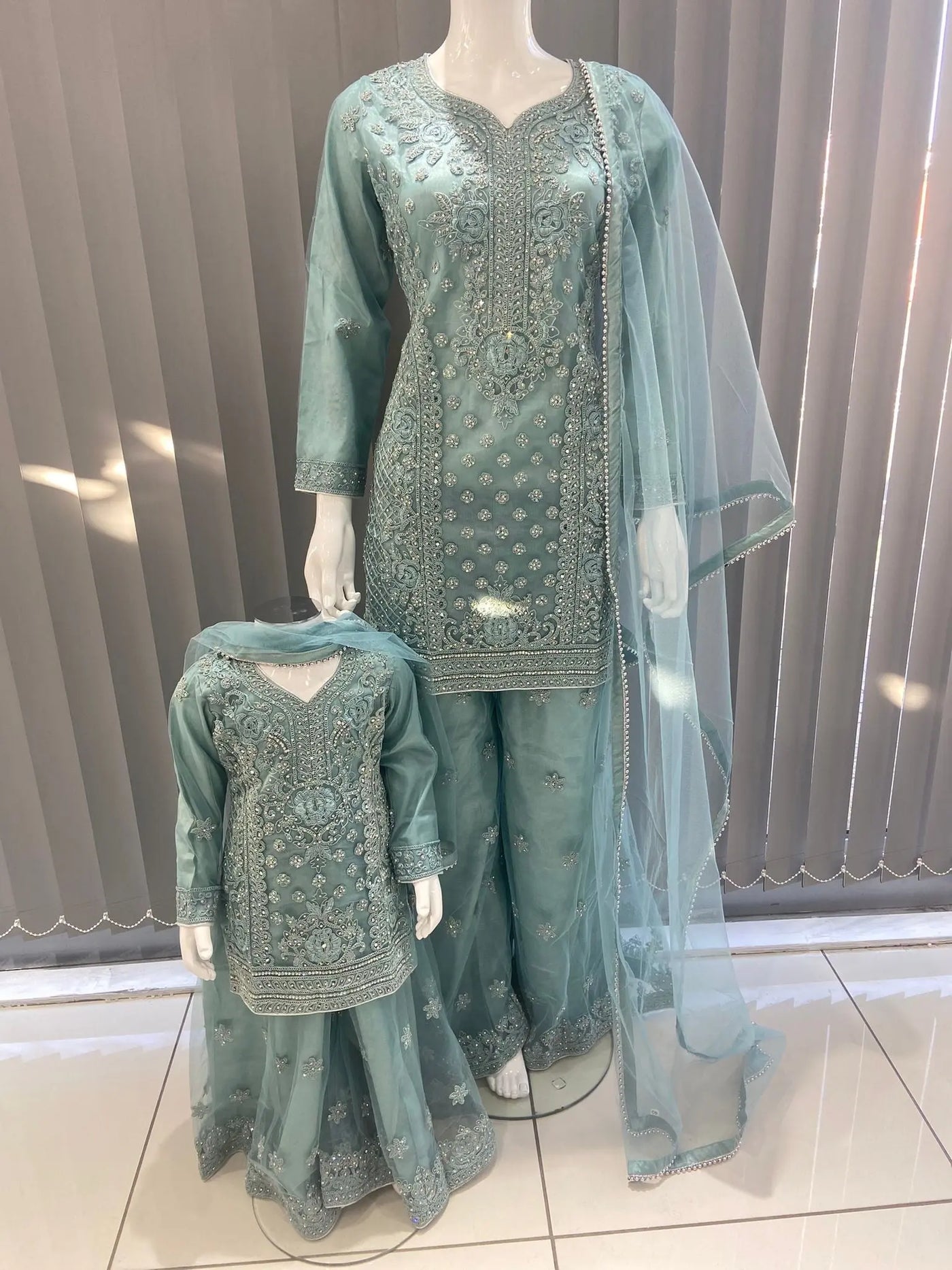 ASHA | Embroidered Hand Work Mother & Daughter Ready To Wear Green | AS83