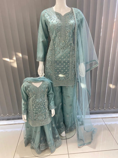 ASHA | Embroidered Hand Work Mother & Daughter Ready To Wear Green | AS83
