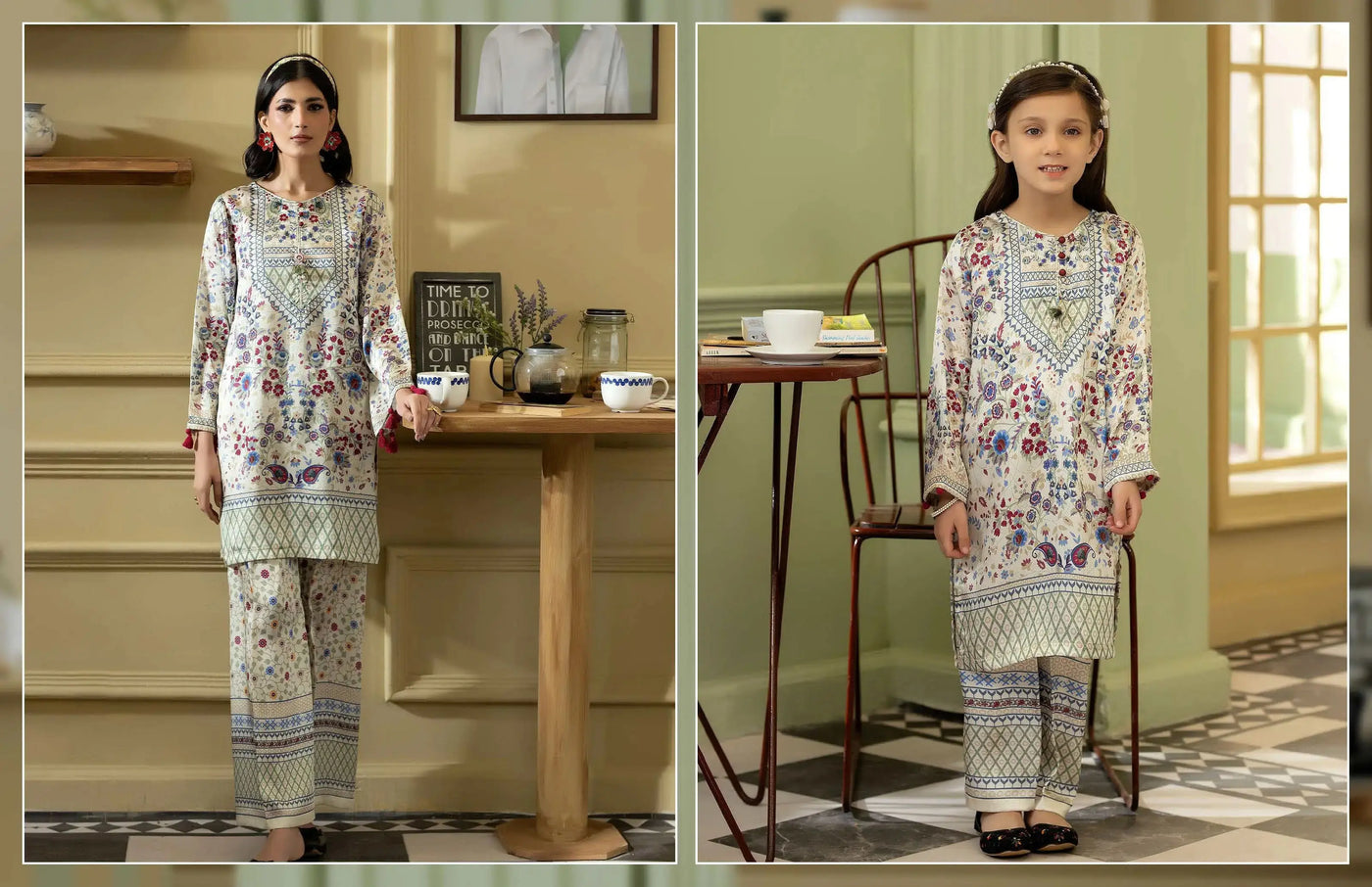 Allys Essentials | Printed Silk Eid Pakistani Co Ords Mother & Daughter ...