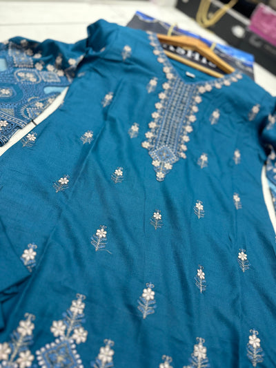 S Creations ‘Larisa’ | Embroidered Dhanak Readymade | SC150 (Teal)