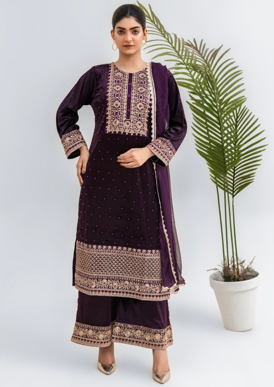 Purple Embroidered Korean Velvet  Readymade | RGZ007 Womenswear Dress