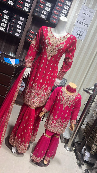 ShaZaib | Embroidered Chiffon Shararah Mother & Daughter Readymade | SZ196 (Pink)