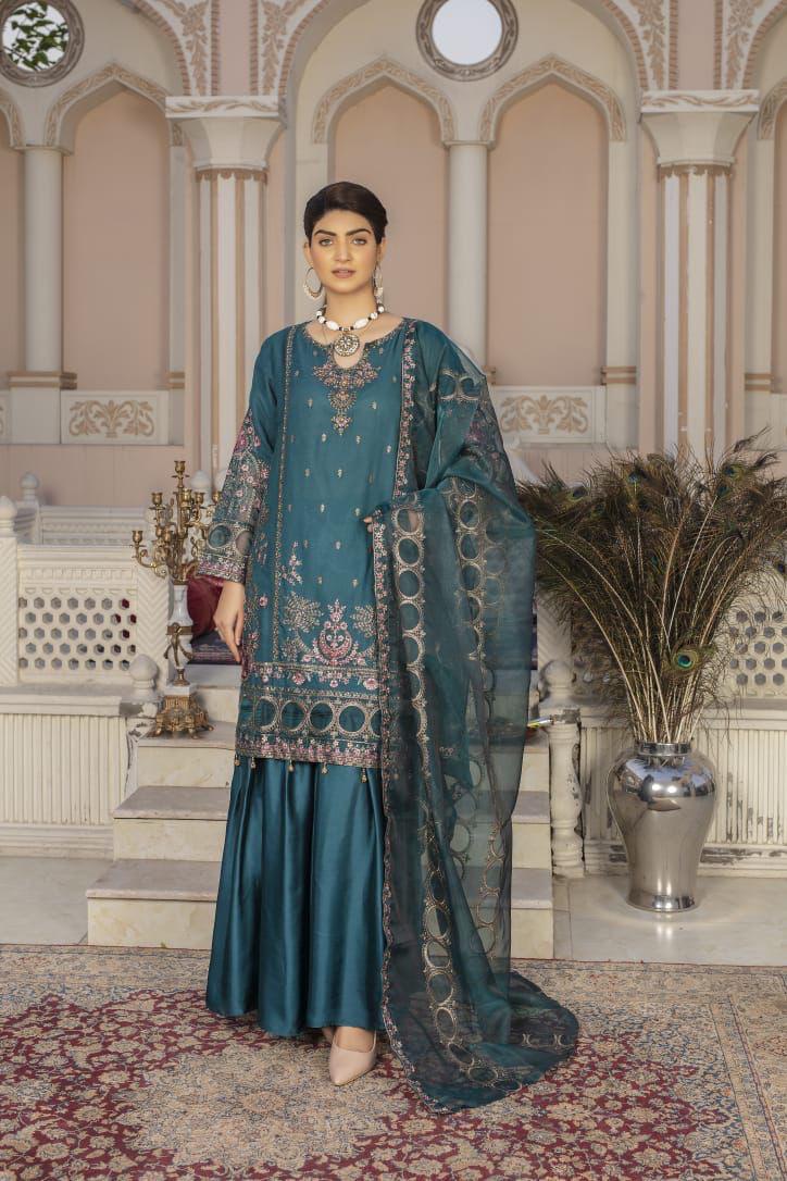 SIMRANS ‘Eliza’ | Embroidered Chiffon Shararah Readymade | SM746 (Teal)