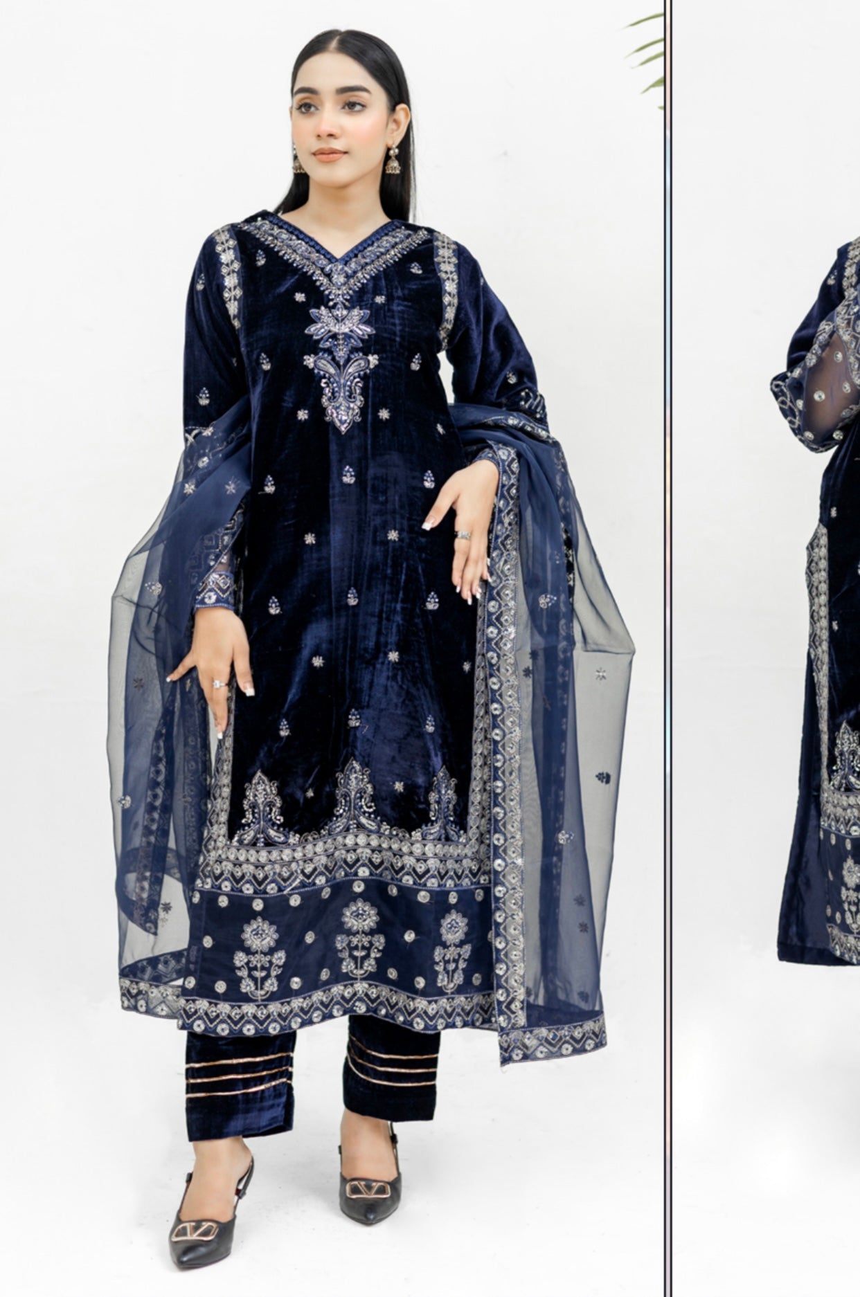 Navy Embroidered Velvet Readymade | RGZ014