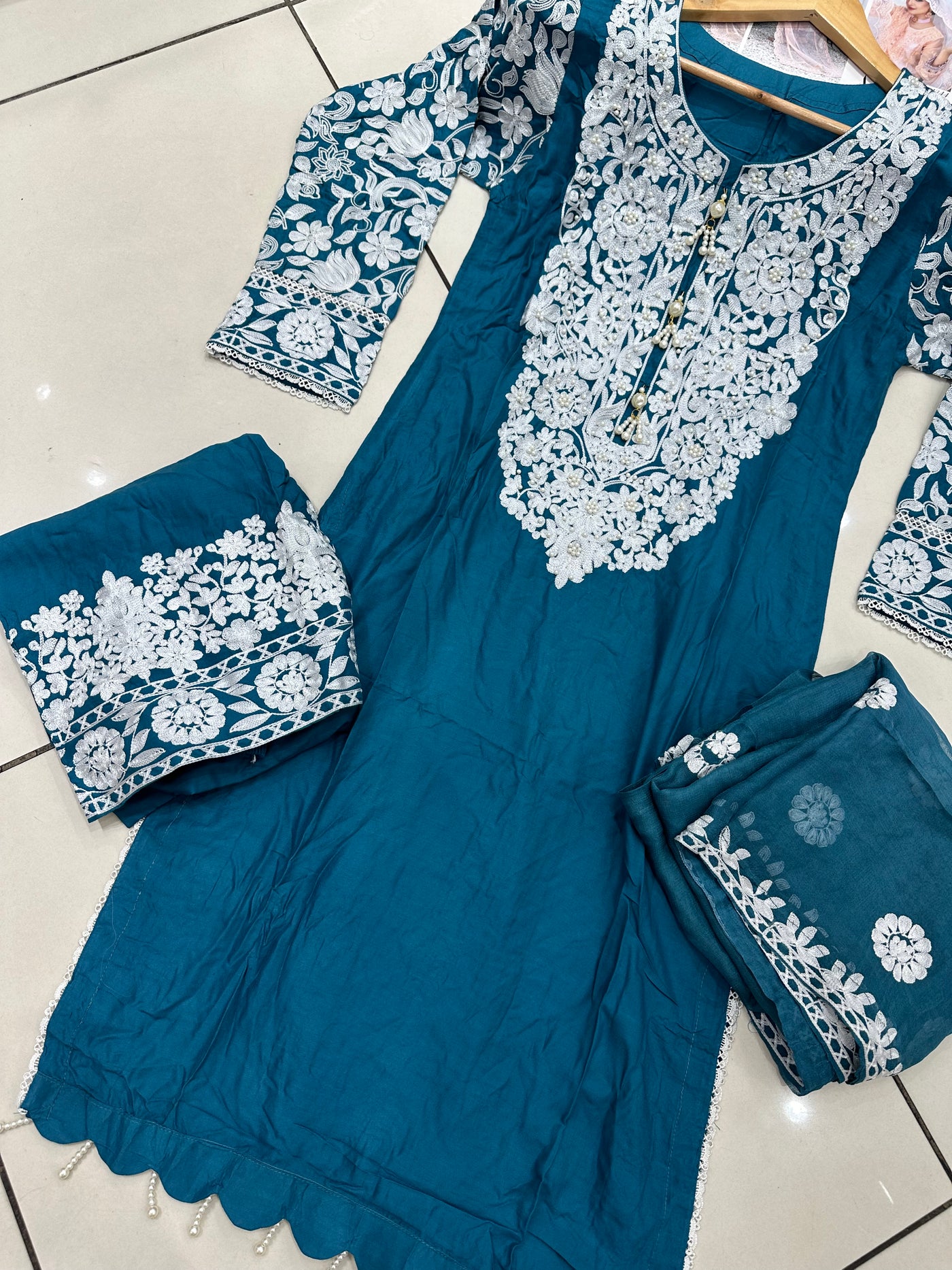 S Creations ‘Hiba’ | Embroidered Linen Readymade | SC108 (Teal)