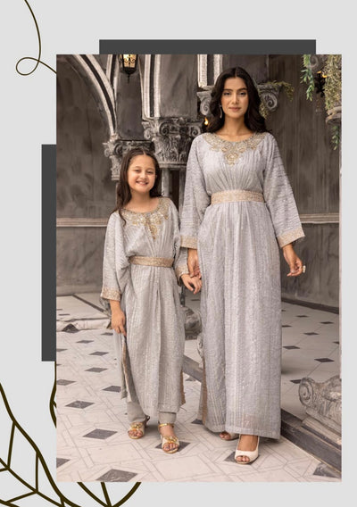 SIMRANS ‘Jeem’ | Embroidered Chiffon Modest Mother & Daughter Readymade | SM601 (Grey)