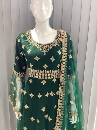 ASHA | Embroidered Net Dori Work Mother & Daughter Dress Ready To Wear Green | AS65