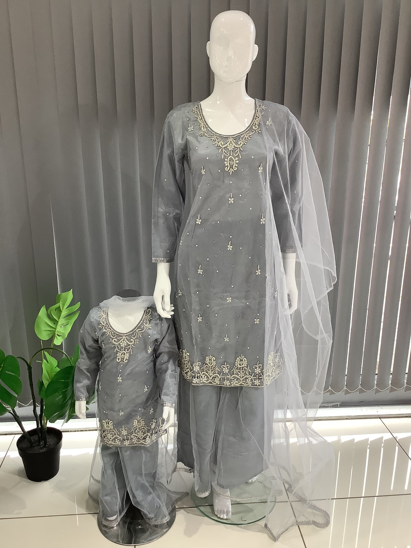 ASHA | Embroidered Hand Work Mother & Daughter Ready To Wear Grey | AS60