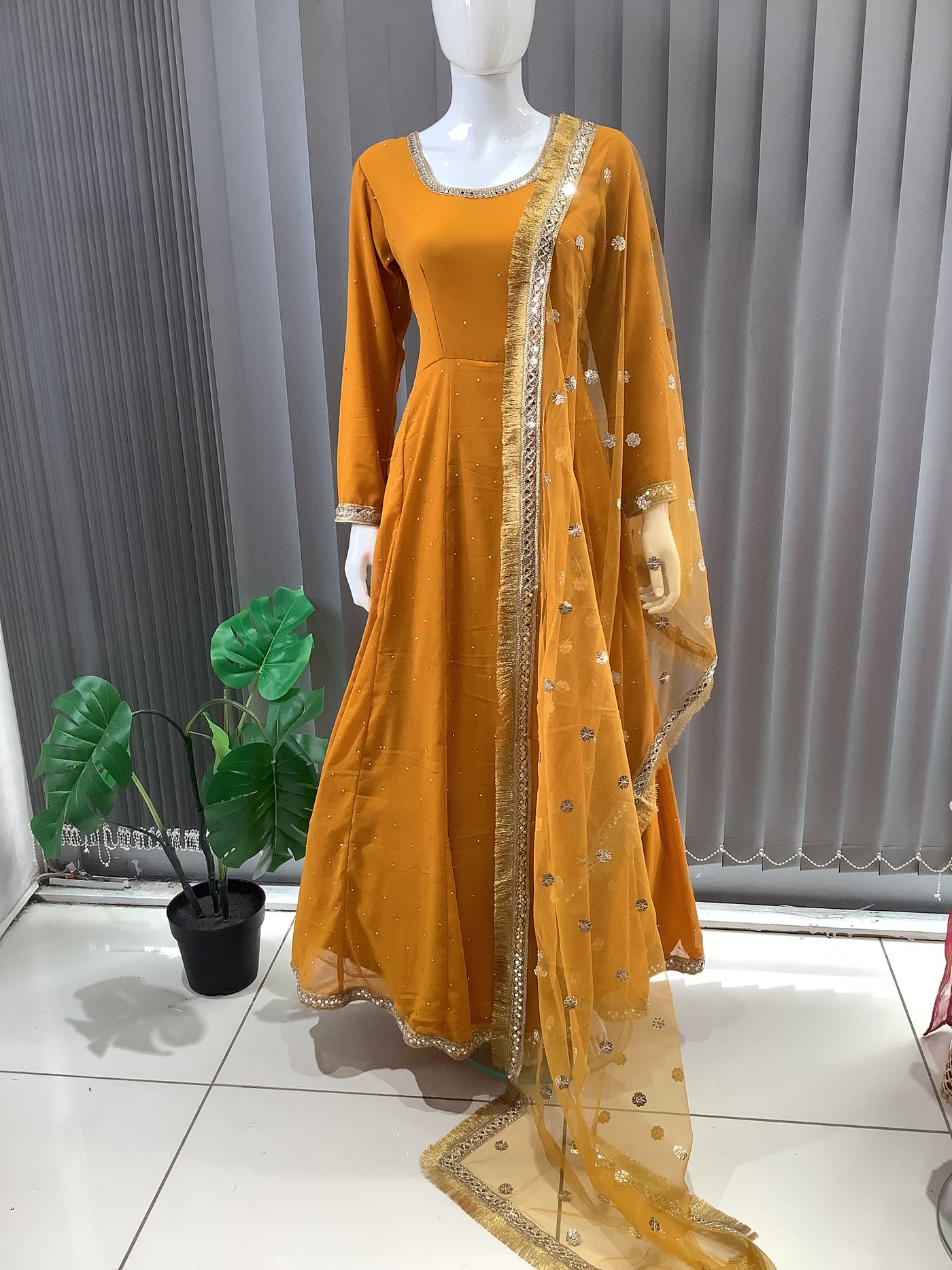 ASHA | Embroidered Chiffon Dress Mother & Daughter Readymade Mustard | AS63