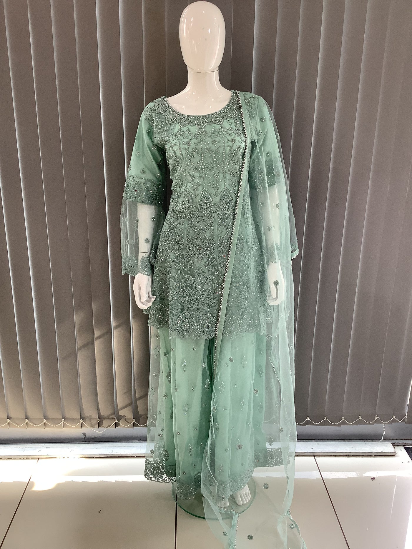 ASHA | Embroidered Hand Work Dress Mother & Daughter Ready To Wear Mint Green | AS70