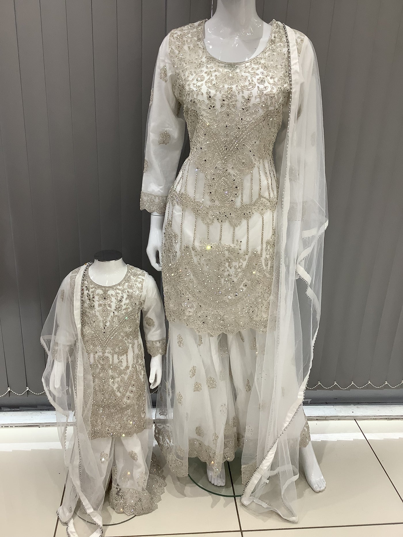 ASHA | Embroidered Net Mother & Daughter Ready To Wear White| AS74