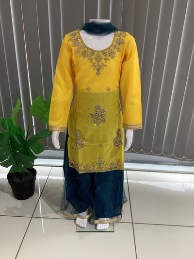 ASHA | Embroidered Hand Work Kids Ready To Wear Yellow And Teal Green| AS61