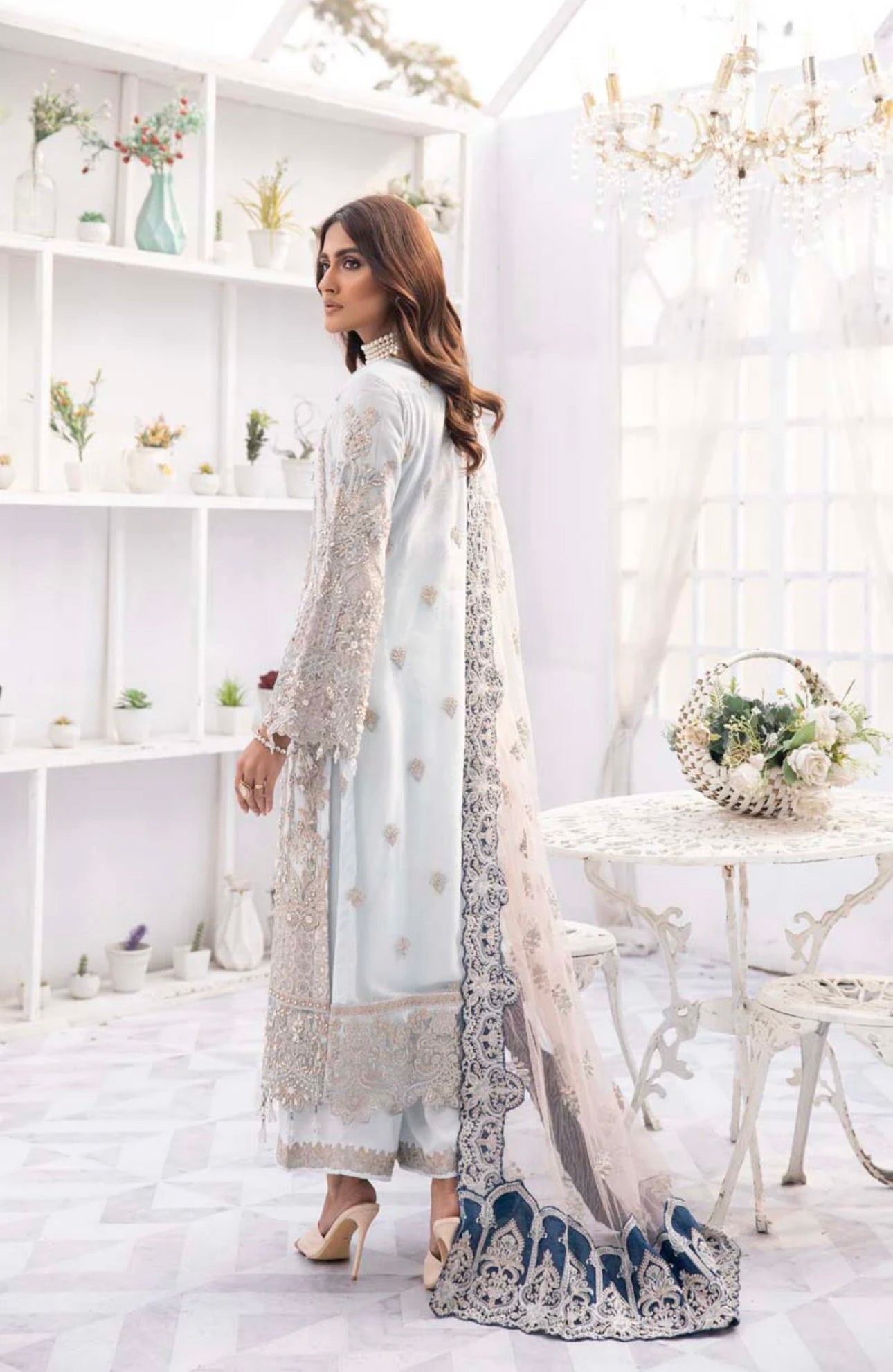 ‘Imrozia Inspired’ | Embroidered Net Readymade | SM645 (Ice Blue)