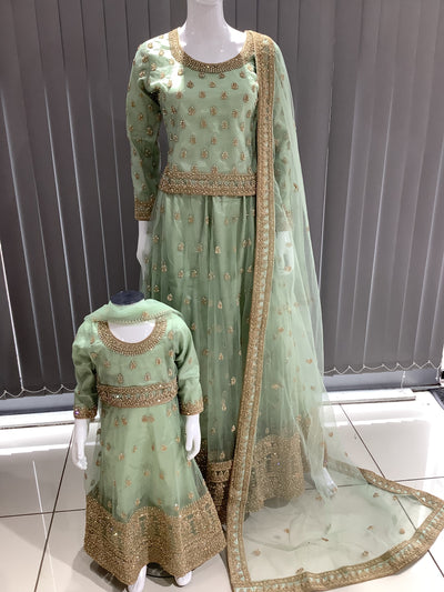 ASHA | Embroidered Net Dori Work Mother & Daughter Lehanga Choli Ready To Wear Mint | AS58