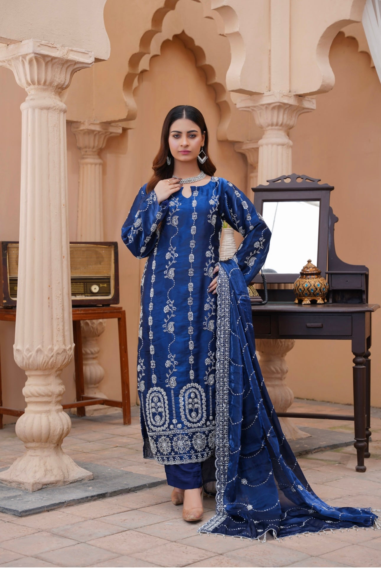 S Creations ‘Eliza’ | Embroidered Silk Readymade | SC119 (Blue)