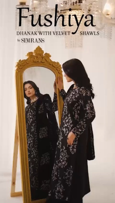 SIMRANS ‘Fushiya’ | Embroidered Dhanak Velvet Shawl Readymade | SM745 (Black)