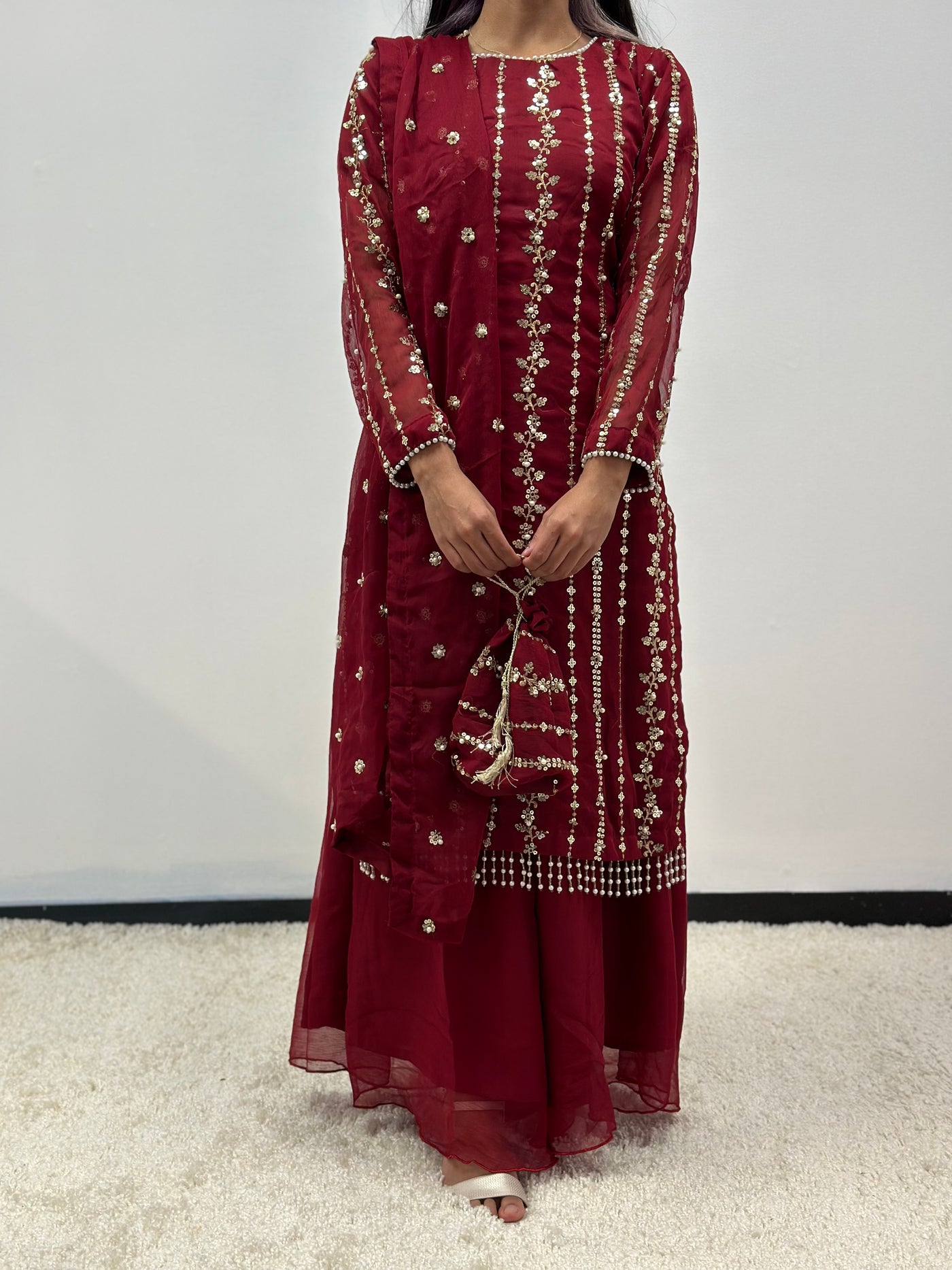 S Creations | Embroidered Chiffon Mother & Daughter Readymade | SC084 (Maroon)