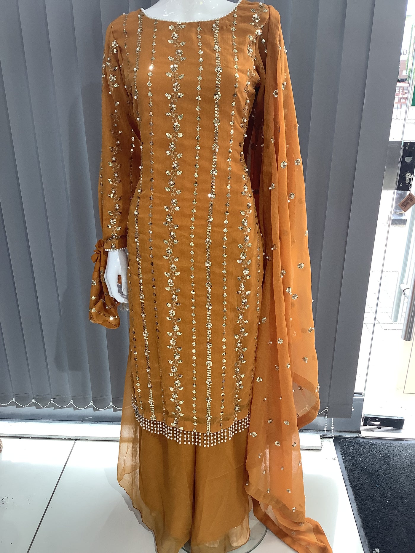 S Creations | Embroidered Chiffon Mother & Daughter Readymade | SC084 (Mustard)