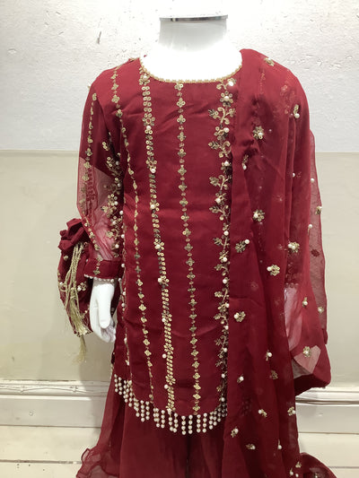 S Creations | Embroidered Chiffon Mother & Daughter Readymade | SC084 (Maroon)