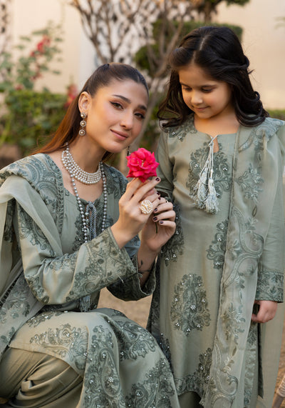 SIMRANS ‘Jannat’ | Embroidered Linen Mother & Daughter Readymade | SM772 (Green)