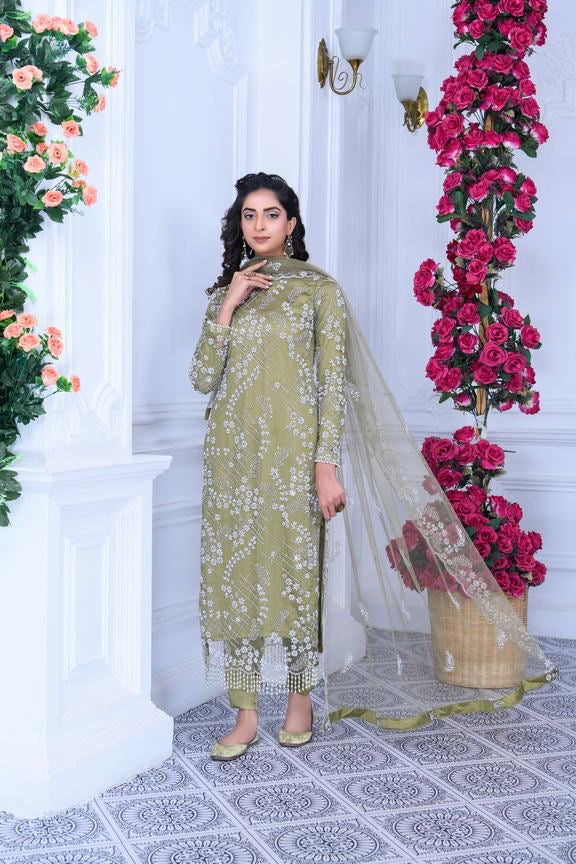 S Creations ‘Maya’ | Embroidered Net Formal Readymade | SC134 (Khaki Green)