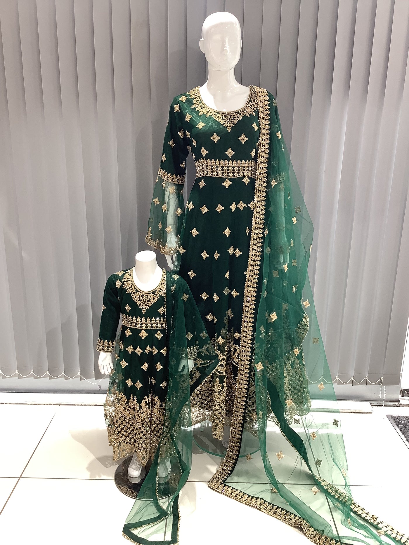 ASHA | Embroidered Net Dori Work Mother & Daughter Dress Ready To Wear Green | AS65