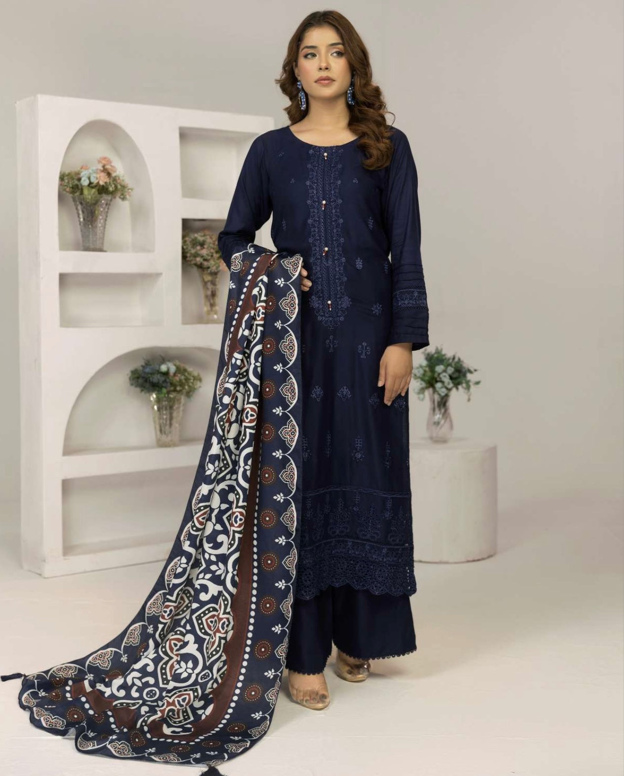 SIMRANS ‘Ajrak’ | Embroidered Linen Shawl Readymade | SM707 (Blue)