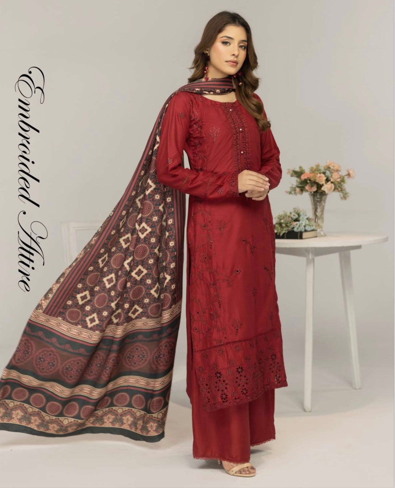 SIMRANS ‘Ajrak’ | Embroidered Linen Shawl Readymade | SM708 (Maroon)