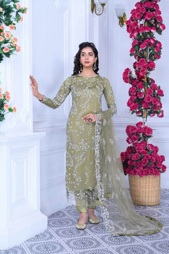 S Creations ‘Maya’ | Embroidered Net Formal Readymade | SC134 (Khaki Green)