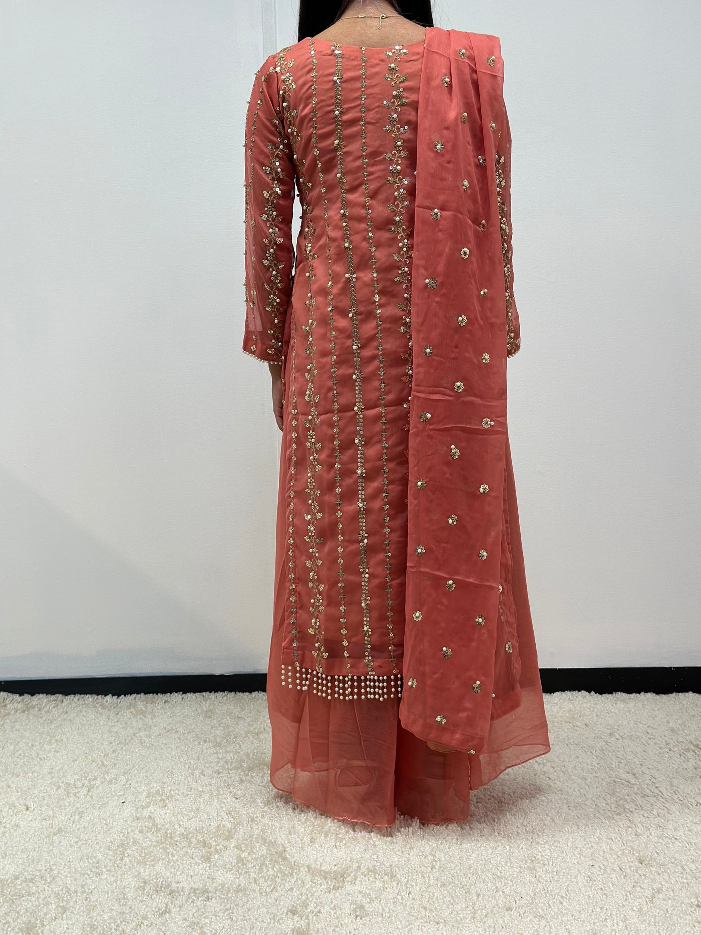 S Creations | Embroidered Chiffon Mother & Daughter Readymade | SC084 (Salmon Pink)