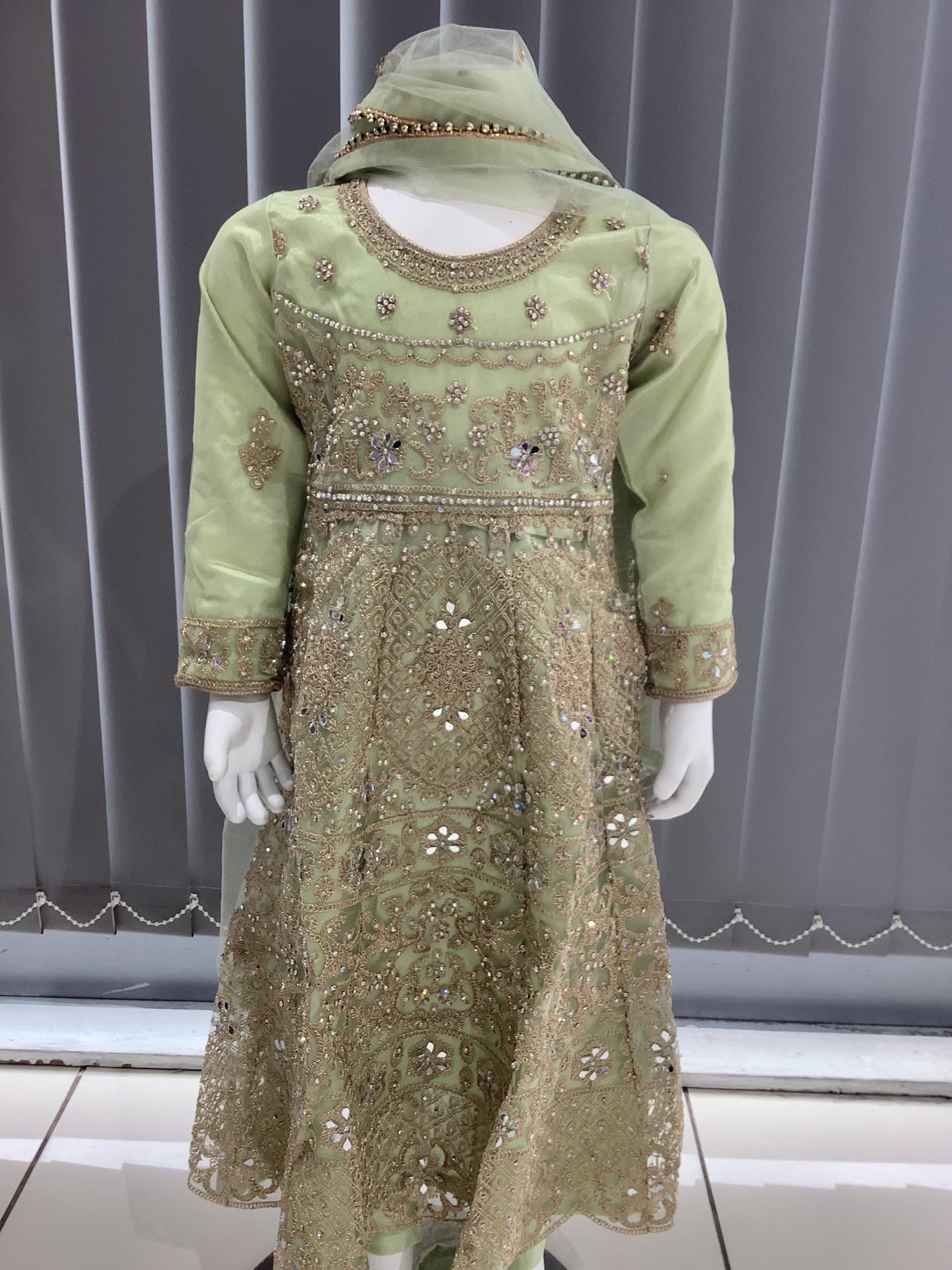 ASHA | Embroidered Net Dori Work Kids Dress Ready To WearMint | AS62