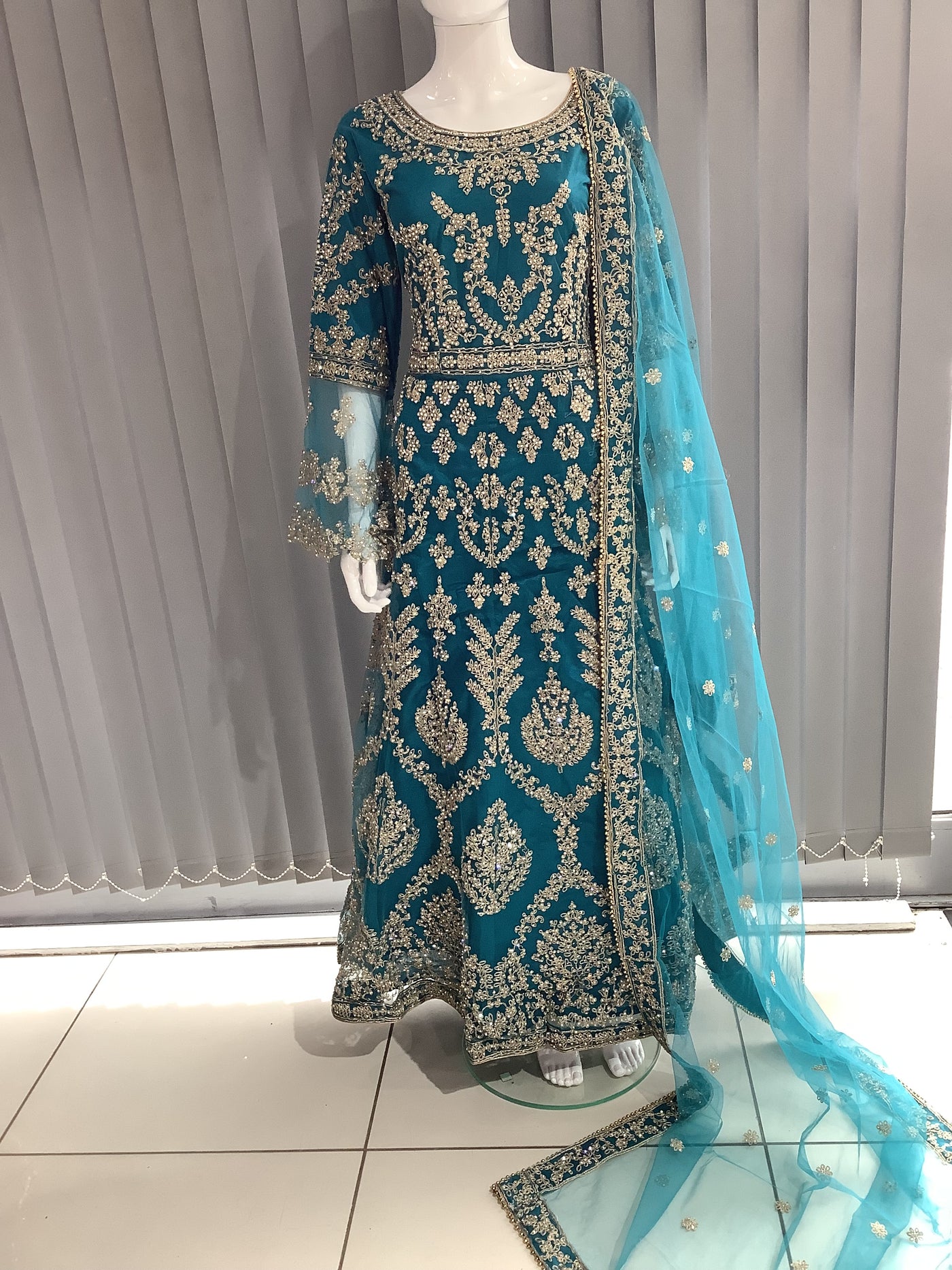 ASHA | Embroidered Net Dori Work Mother & Daughter Dress Ready To Wear Teal | AS59