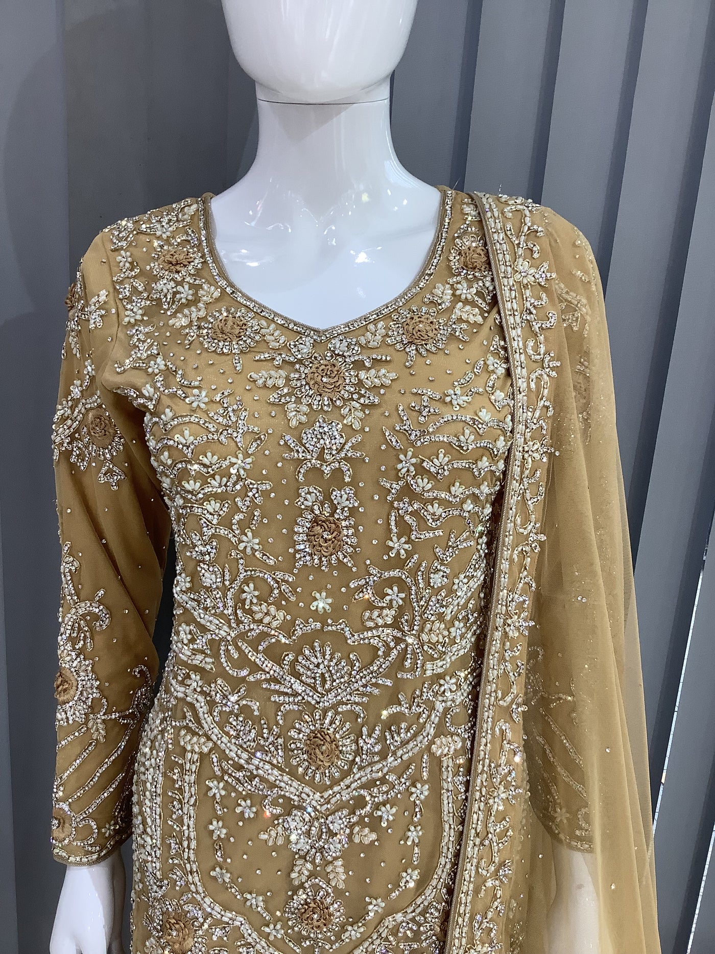 ASHA | Embroidered Dori Work Net Ready To Wear Gold | AS68