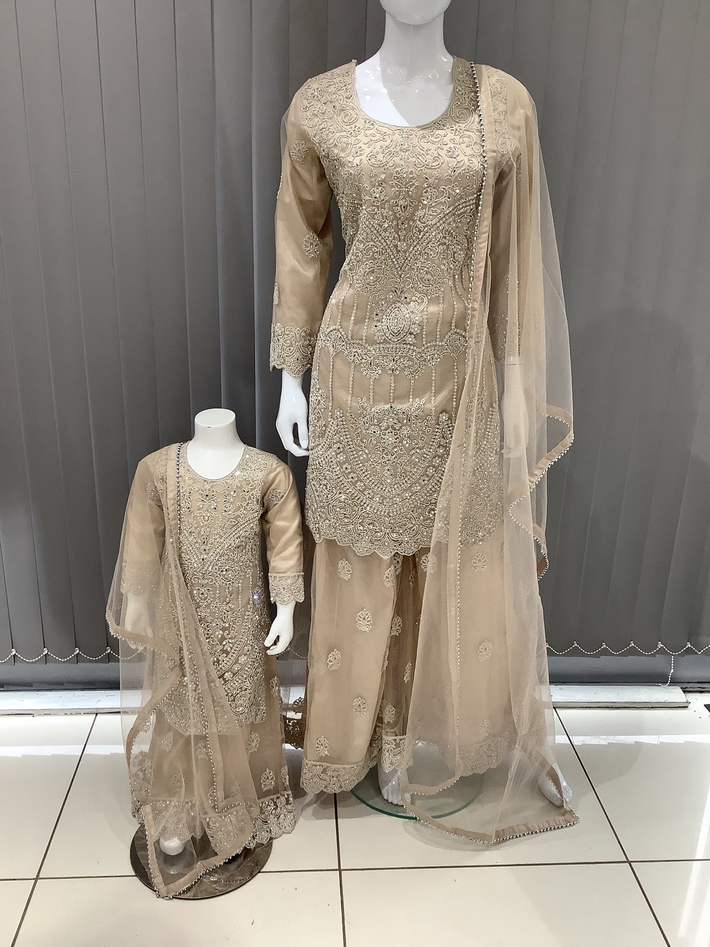 ASHA | Embroidered Net Mother & Daughter Ready To Wear Beige | AS74