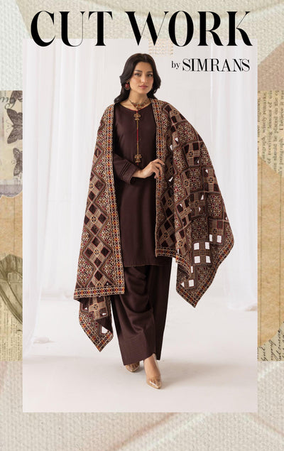 SIMRANS ‘Laserkari’ | Embroidered Dhanak Readymade | SM747 (Brown)