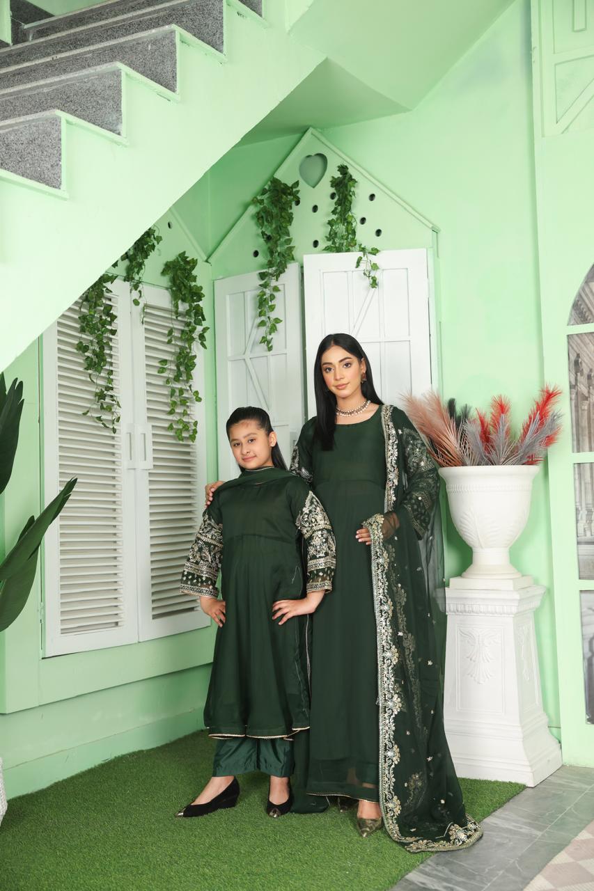 S Creations ‘Noreen’ | Embroidered Chiffon Mother & Daughter Readymade | SC162 (Green)