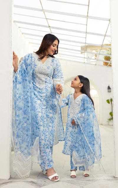 SIMRANS ‘Sawera’ | Embroidered Cotton Mother & Daughter Readymade | SM789 (Light Blue)