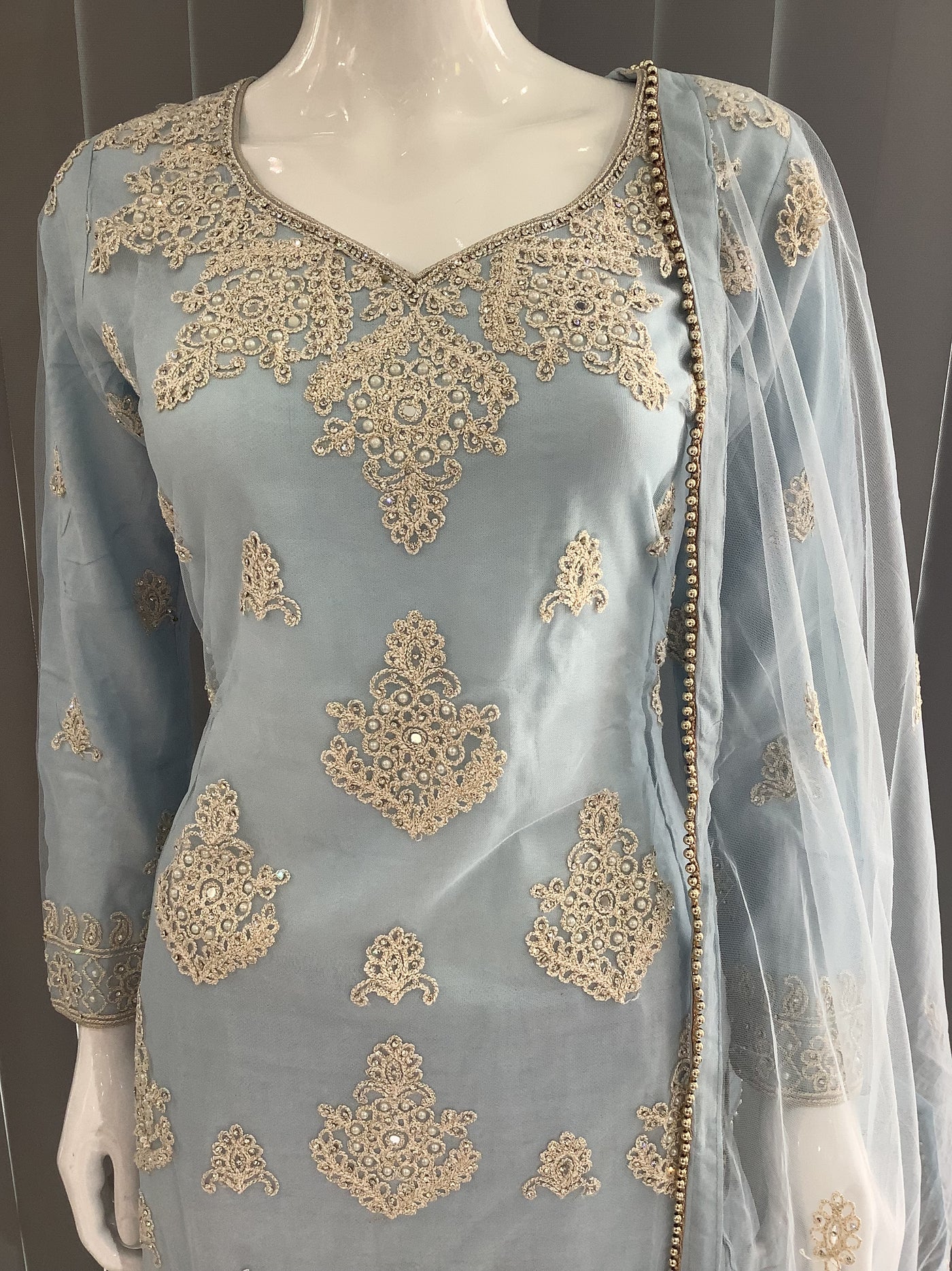 ASHA | Embroidered Net Dori Work Mother & Daughter Dress Ready To Wear Light Blue| AS67