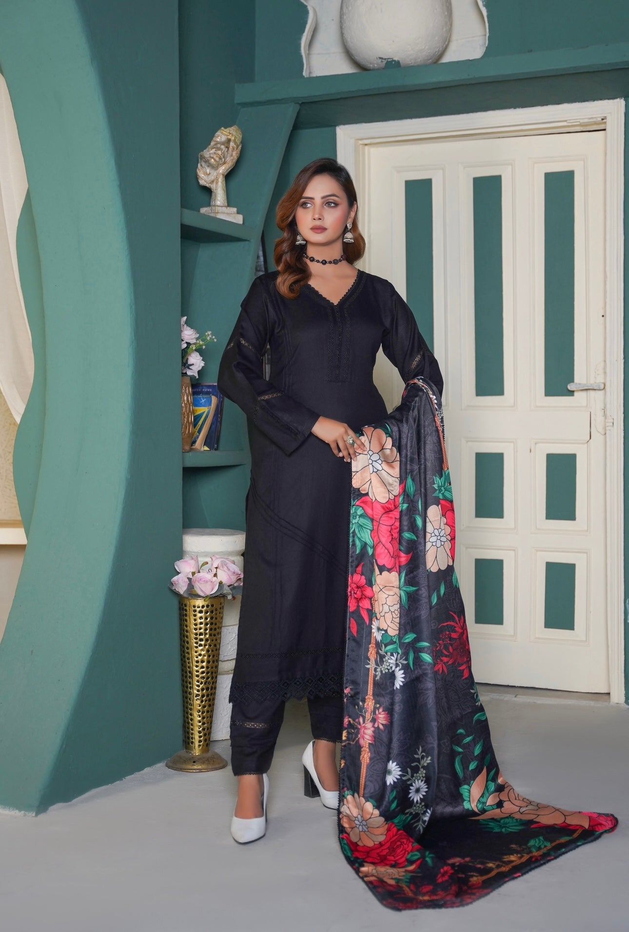 S Creations ‘Aleena’ | Embroidered Dhanak Pashmina Shawl Readymade | SC136 (Black)