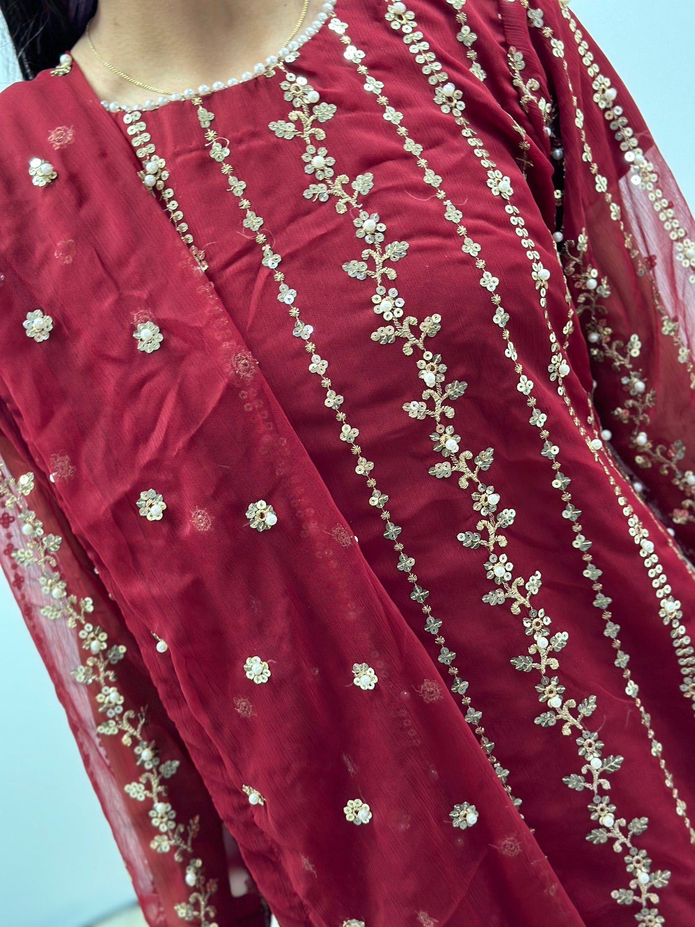 S Creations | Embroidered Chiffon Mother & Daughter Readymade | SC084 (Maroon)