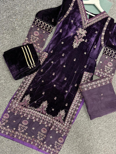 Purple Embroidered Velvet Readymade | RGZ014