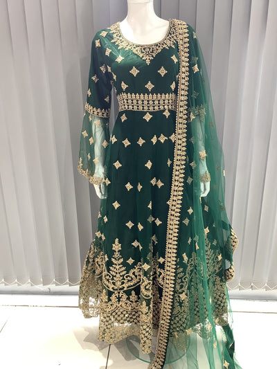 ASHA | Embroidered Net Dori Work Mother & Daughter Dress Ready To Wear Green | AS65