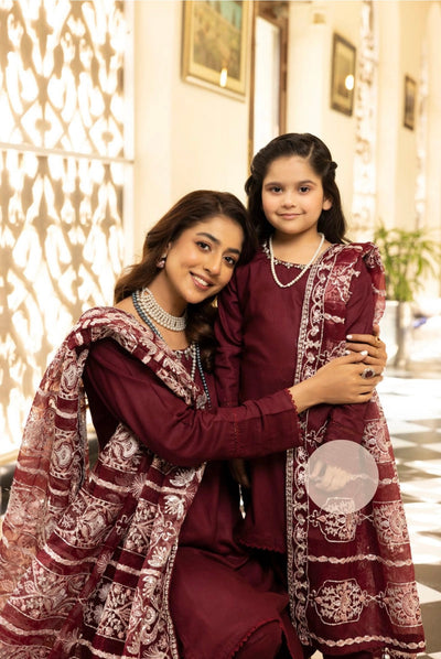 SIMRANS ‘Kaash’ | Embroidered Viscose Mother & Daughter Readymade | SM774 (Burgundy)