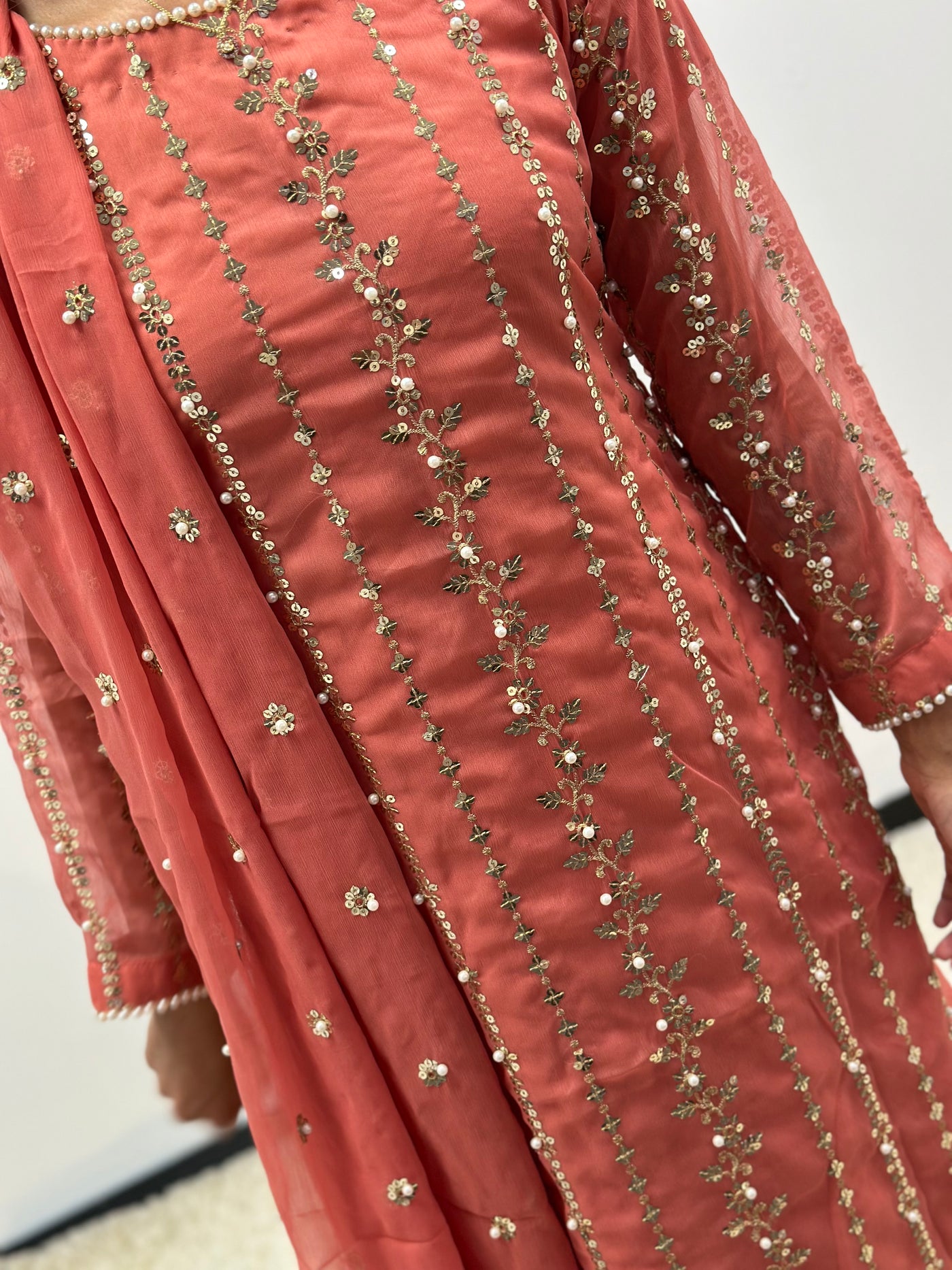 S Creations | Embroidered Chiffon Mother & Daughter Readymade | SC084 (Salmon Pink)