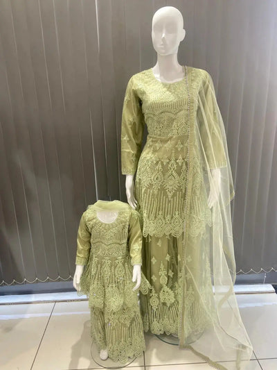 ASHA | Embroidered Hand Work Mother & Daughter Ready To Wear Mint  | AS84